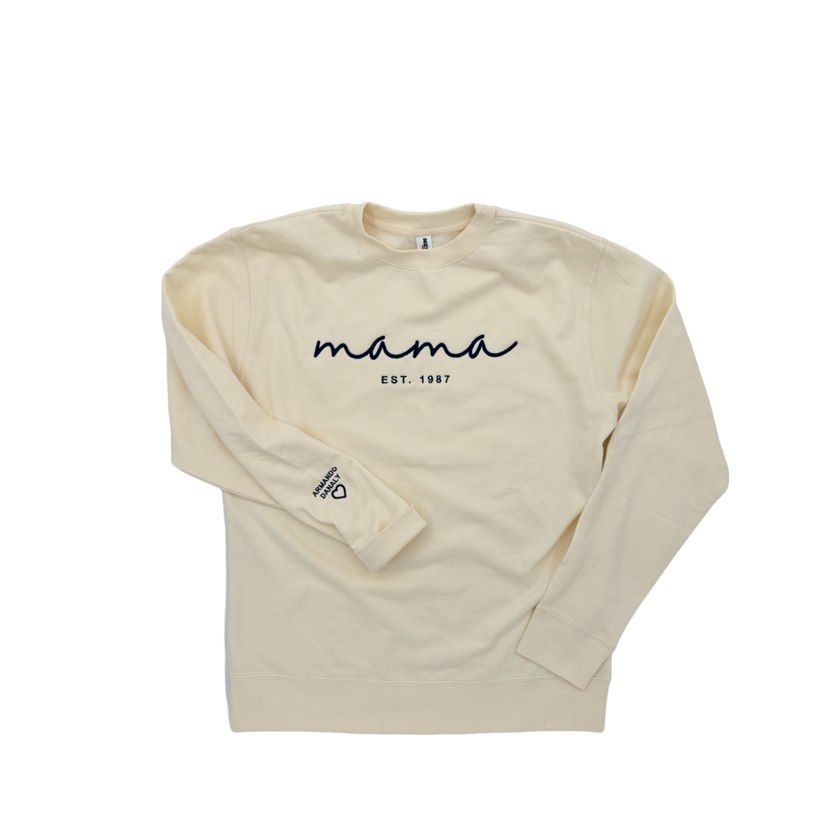 Cursive Mama Est Embroidered Sweatshirt with Sleeve Add on, Add your names, Add Established Year